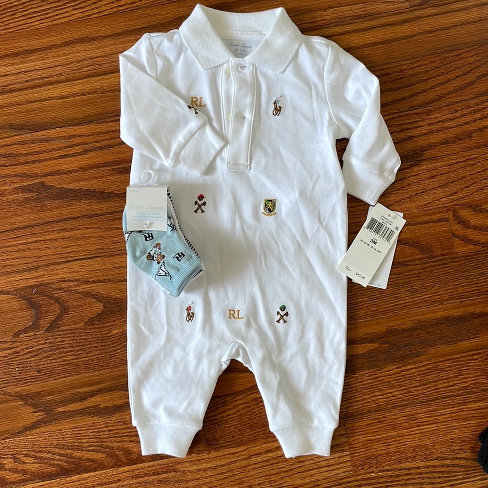 Ralph Lauren Baby Boys Schiffli Polo Coverall 3M